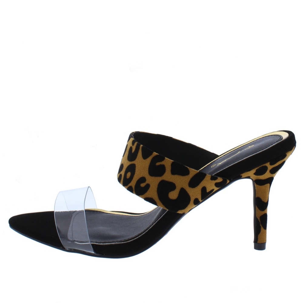 Camel black leopard suede lucite slide heels